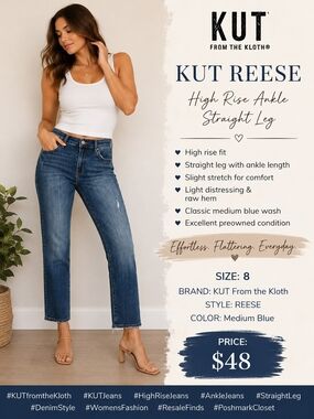 KUT From the Kloth Reese High Rise Ankle Straight Jeans Size 8 Distressed